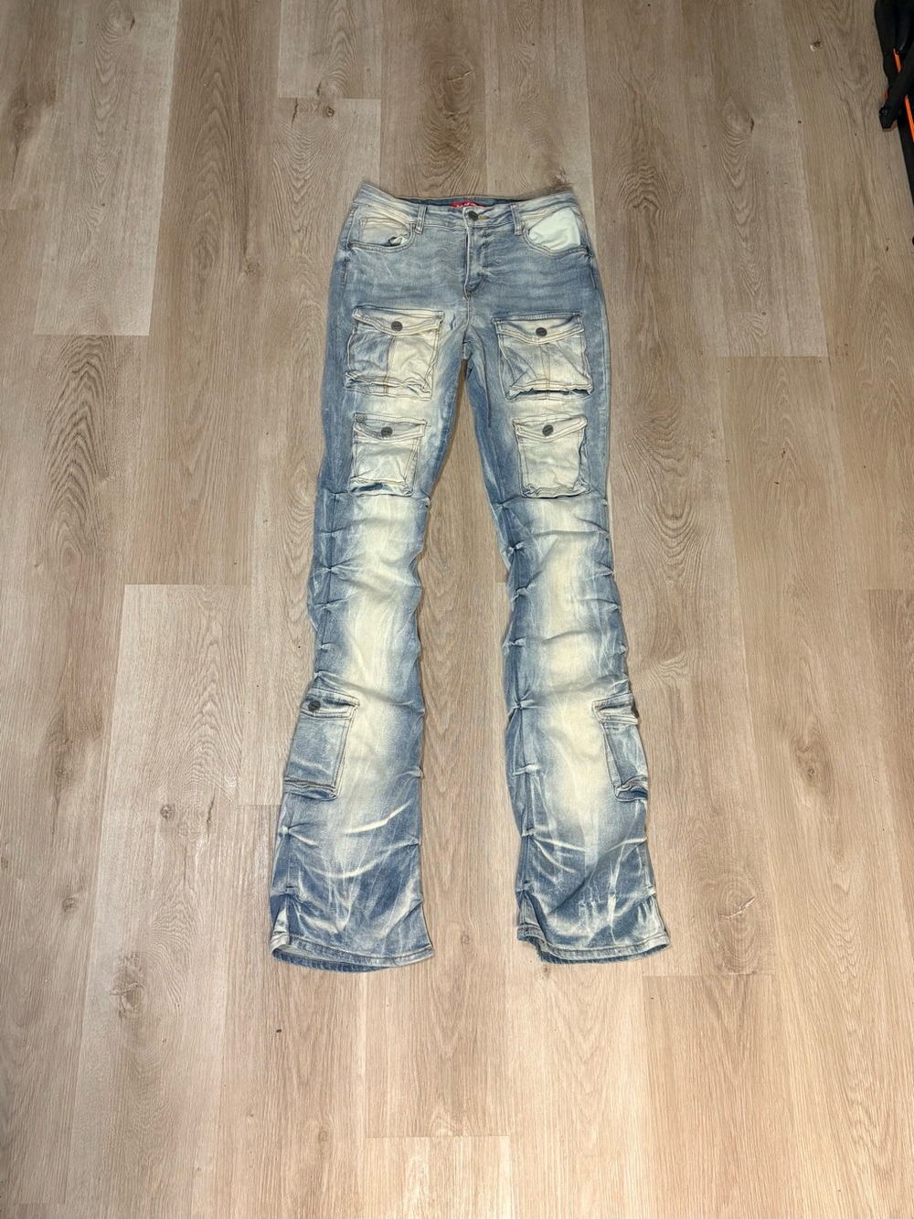 Smoke Rise Stacked Flare Jeans Size Large Cargo Light Wash Streetwear Utility